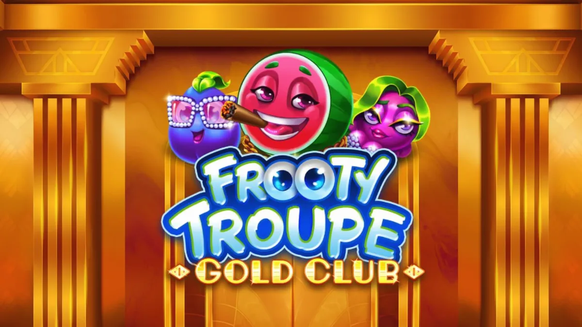 Tampilan visual mewah slot Frooty Troupe – Gold Club dengan simbol buah dan kartu kredit emas