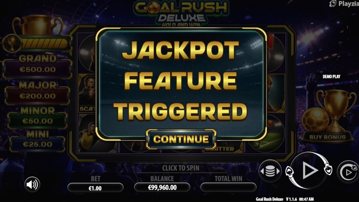 Tampilan visual permainan slot Goal Rush Deluxe Hold and Win dengan tema stadion sepak bola.